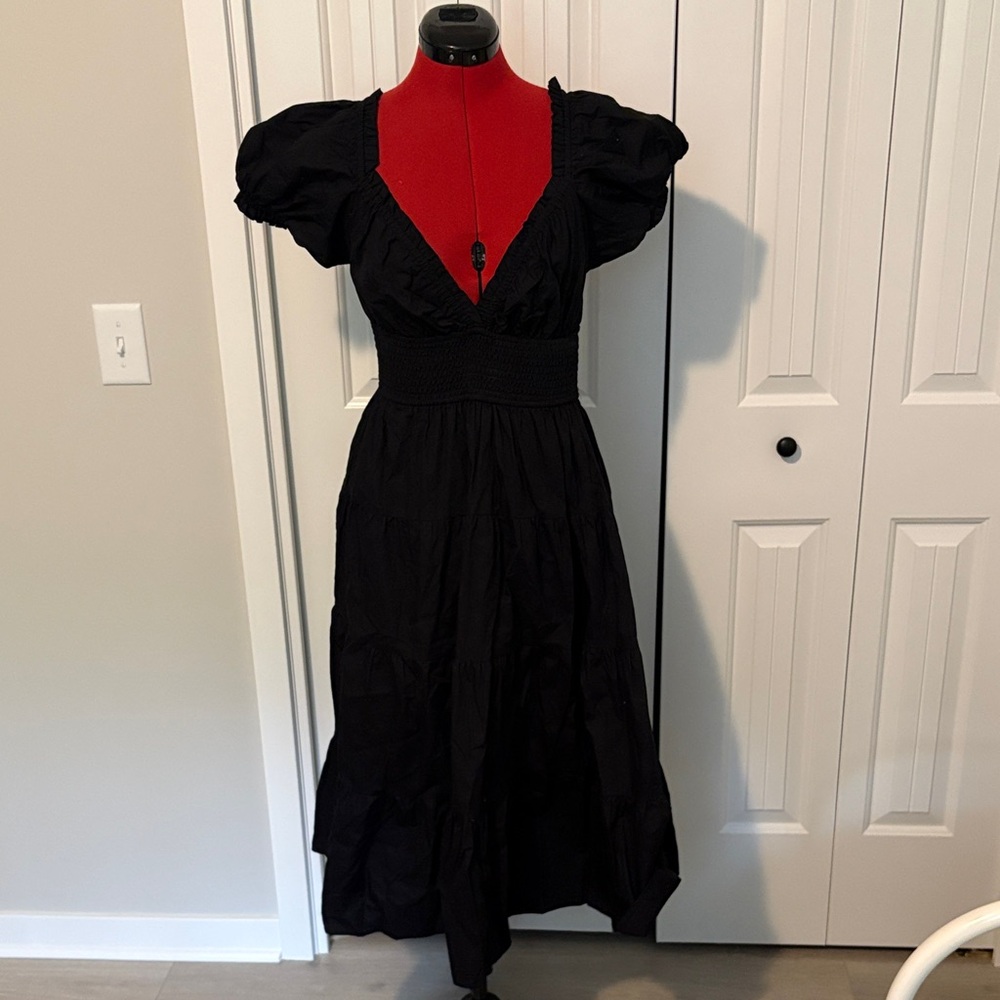 Black Puff-Sleeve Midi Dress with Smocked Waist